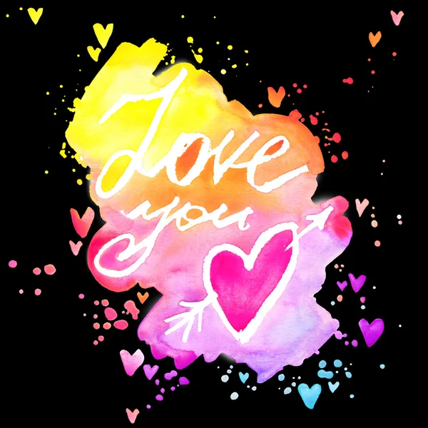 Love you lettering background. Valentines day card.  abstract watercolor background with colorful hearts. Love you handwriting text. Love you text watercolor. Valentines day watercolor background — Stock Fotó