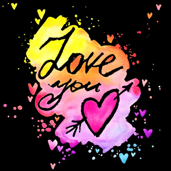 Love you lettering background. Valentines day card.  abstract watercolor background with colorful hearts. Love you handwriting text. Love you text watercolor. Valentines day watercolor background — Stockfoto