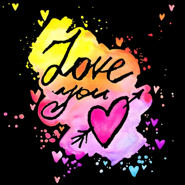 Love you lettering background. Valentines day card.  abstract watercolor background with colorful hearts. Love you handwriting text. Love you text watercolor. Valentines day watercolor background — Φωτογραφία Αρχείου