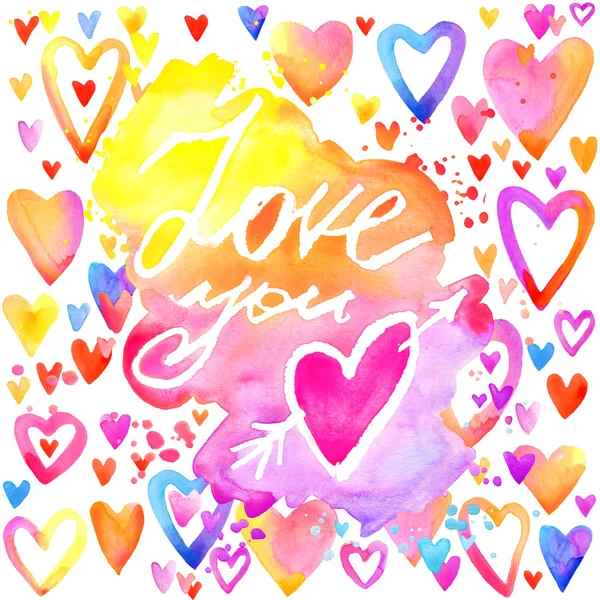 Love you lettering background. Valentines day card.  abstract watercolor background with colorful hearts. Love you handwriting text. Love you text watercolor. Valentines day watercolor background — Stockfoto