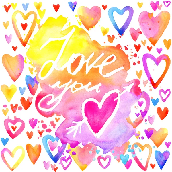 Love you lettering background. Valentines day card.  abstract watercolor background with colorful hearts. Love you handwriting text. Love you text watercolor. Valentines day watercolor background