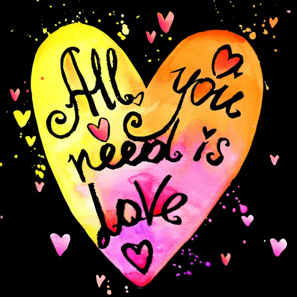 All you need is love watercolor rainbow lettering background. Valentines day card. Holiday watercolor background with colorful hearts and handwriting text. Valentines day watercolor background