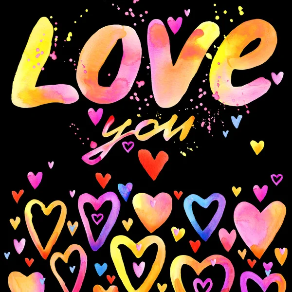 Love you text. lettering colorful background. Valentines day. watercolor background with colorful hearts. Love you handwriting text. Love you text watercolor. Valentines day watercolor background — Zdjęcie stockowe