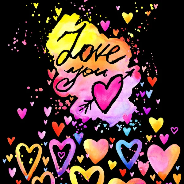 Love you text. lettering colorful background. Valentines day. watercolor background with colorful hearts. Love you handwriting text. Love you text watercolor. Valentines day watercolor background