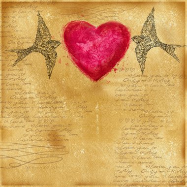 Valentines day background. Vintage old paper, lace drawing graphics, love lettering  text, valentine day symbol. Watercolor texture old paper. Valentine day retro stile background. Watercolor drawing