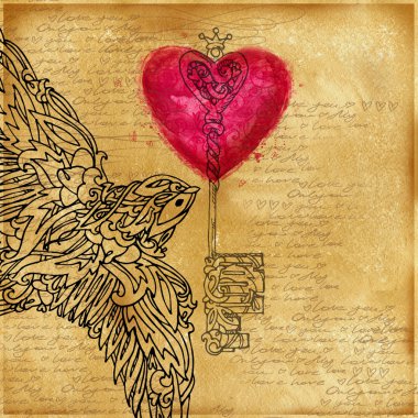 Valentines day background. Vintage old paper, lace drawing graphics, love lettering  text, valentine day symbol. Watercolor texture old paper. Valentine day retro stile background. Watercolor drawing