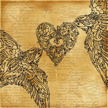 Valentines day background. Vintage old paper, lace drawing graphics, love lettering  text, valentine day symbol. Watercolor texture old paper. Valentine day retro stile background. Watercolor drawing