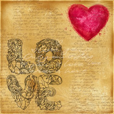 Valentines day background. Vintage old paper, lace drawing graphics, love lettering  text, valentine day symbol. Watercolor texture old paper. Valentine day retro stile background. Watercolor drawing