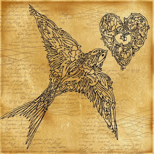 Fond Saint-Valentin. Vieux papier vintage, dessins graphiques en dentelle, texte de lettres d'amour, symbole de la Saint-Valentin. Texture aquarelle vieux papier. Saint Valentin fond rétro stile. Dessin aquarelle — Photo