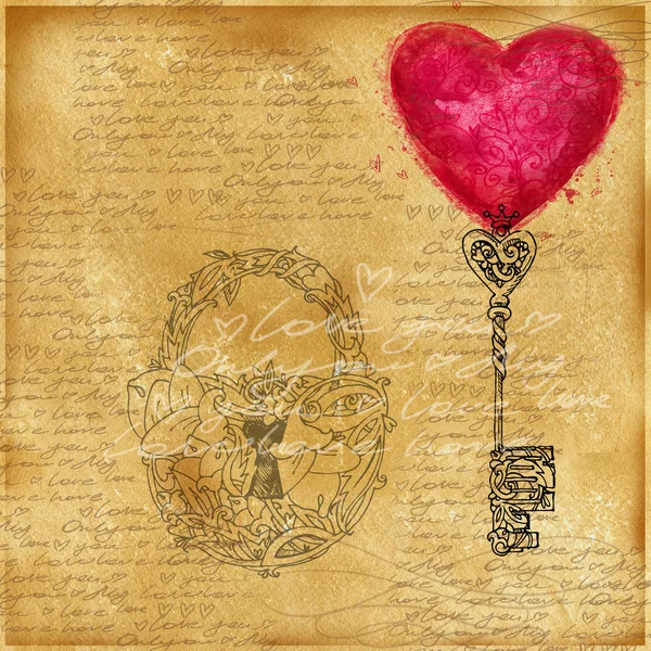 Fond Saint-Valentin. Vieux papier vintage, dessins graphiques en dentelle, texte de lettres d'amour, symbole de la Saint-Valentin. Texture aquarelle vieux papier. Saint Valentin fond rétro stile. Dessin aquarelle — Photo