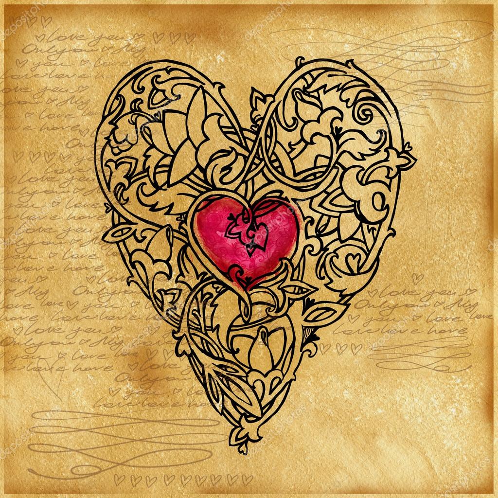 Valentines day background. Vintage old paper, lace drawing graphics, love  lettering text, valentine day symbol. Watercolor texture old paper.  Valentine day retro stile background. Watercolor drawing — Stock Photo ©  dobrynina_art #95103478, image size:1024x1024