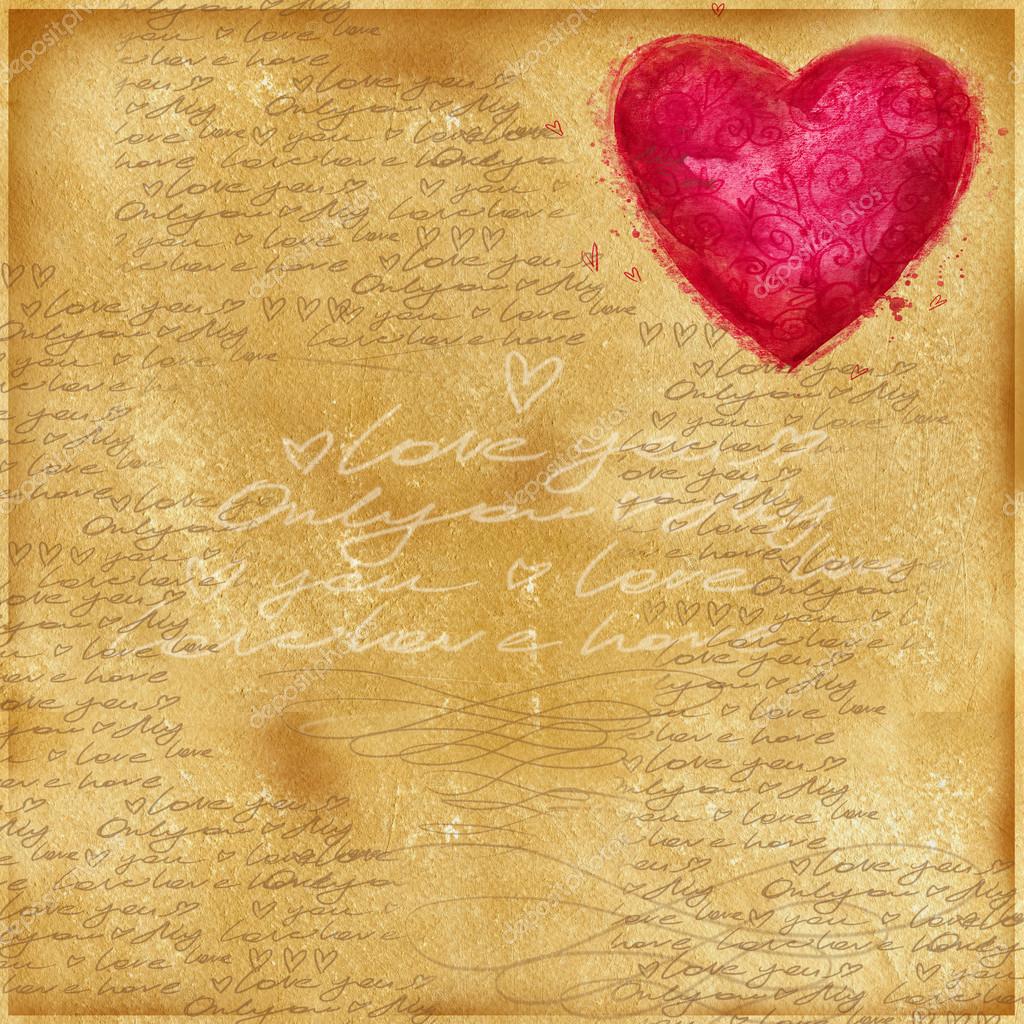 Valentines day background. Vintage old paper, lace drawing graphics, love  lettering text, valentine day symbol. Watercolor texture old paper.  Valentine day retro stile background. Watercolor drawing — Stock Photo ©  dobrynina_art #95103720, image size:1024x1024
