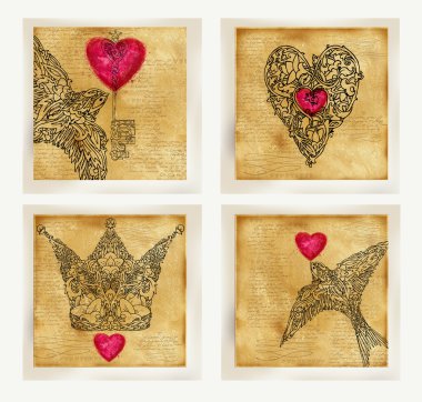 Valentines day card set. Vintage old paper, lace drawing graphics, love lettering  text, valentine day symbol. Watercolor texture old paper. Valentine day retro stile background. Watercolor drawing