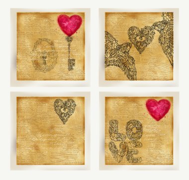 Valentines day card set. Vintage old paper, lace drawing graphics, love lettering  text, valentine day symbol. Watercolor texture old paper. Valentine day retro stile background. Watercolor drawing