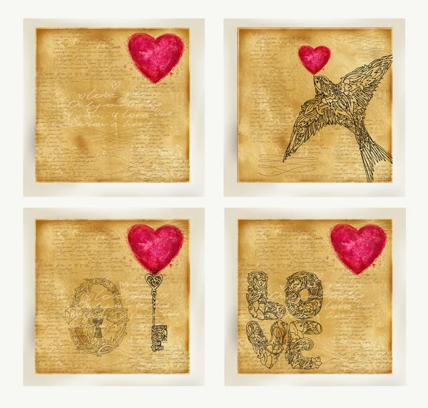 Jeu de cartes pour la Saint Valentin. Vieux papier vintage, dessins graphiques en dentelle, texte de lettres d'amour, symbole de la Saint-Valentin. Texture aquarelle vieux papier. Saint Valentin fond rétro stile. Dessin aquarelle — Photo