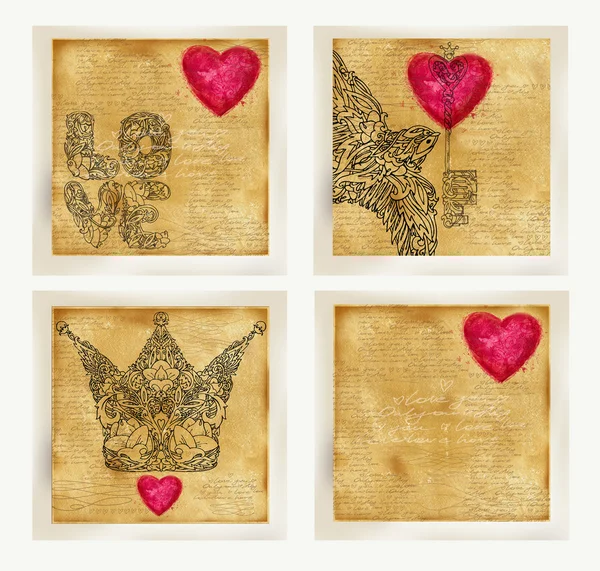 Conjunto de tarjetas de San Valentín. Papel viejo vintage, gráficos de encaje, texto de letras de amor, símbolo del día de San Valentín. Textura acuarela papel viejo. Día de San Valentín retro stile background. Dibujo acuarela —  Fotos de Stock