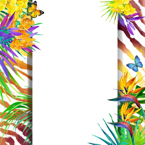 Wild nature design. Watercolor tropical background with palm leaves, unusual flowers and butterfly on tiger print background. Watercolor tropical nature. Animal print background