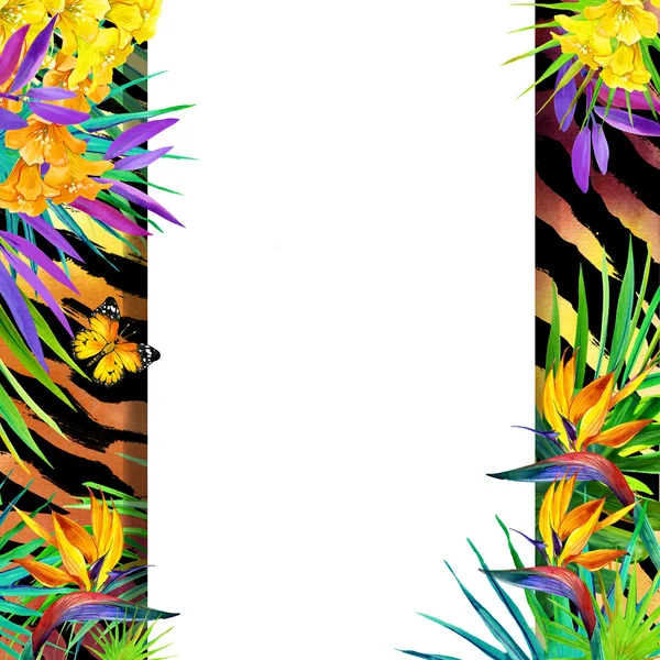 Wild nature design. Watercolor tropical background with palm leaves, unusual flowers and butterfly on tiger print background. Watercolor tropical nature. Animal print background