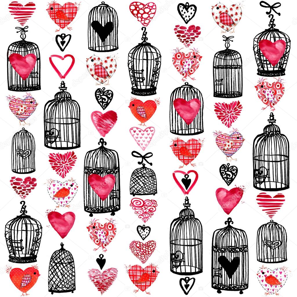 Valentine day background. bird with red heart and bird cage  for Valentine's Day celebration background. Wedding invitation design. Valentines day hand drawing art.