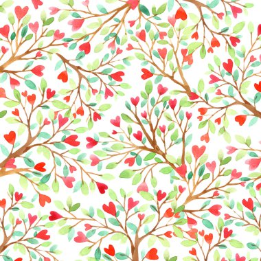 Love tree watercolor. Love background. Red heart. Wedding invitation design. Valentine day background. Watercolor floral background. Watercolor nature background.