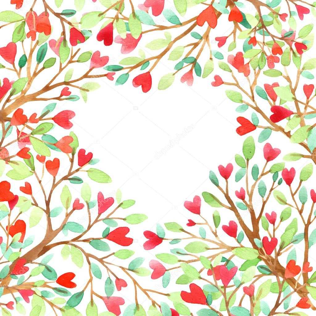 Love tree watercolor. Love background. Red heart. Wedding invitation design. Valentine day background. Watercolor floral background. Watercolor nature background.