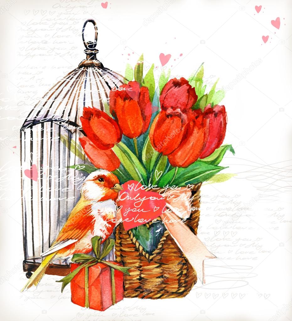 Oiseau Et Fleur Aquarelle Saint Valentin Oiseau Avec Le