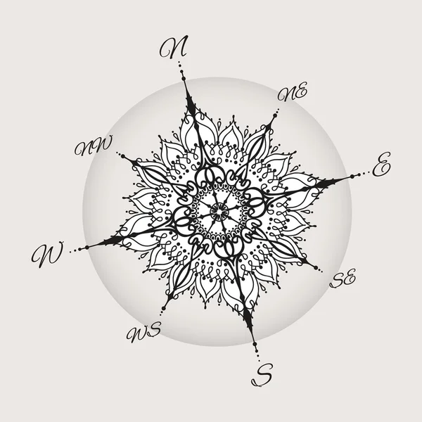 Graphic Wind Rose kompass dragen med blom element — Stock vektor