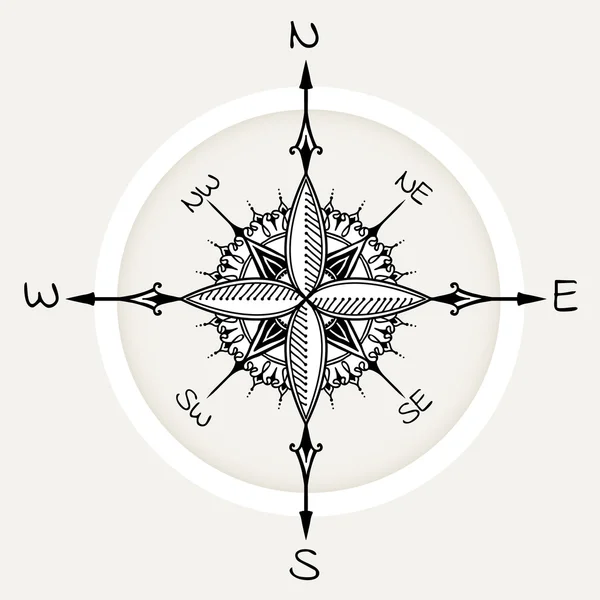 플로럴 요소로 그려진 그래픽 윈드 로즈 나침반 — 스톡 벡터