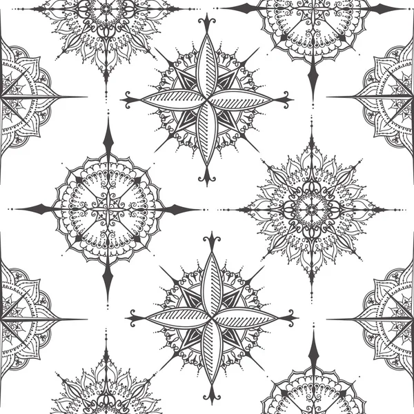 Seamless pattern with compasses drawn with floral elements — Stock Vector