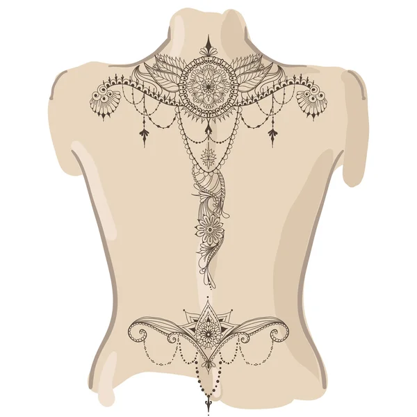 Modello di tatuaggio di fiori Mehndy. Tatuaggio sulla schiena . — Vettoriale Stock