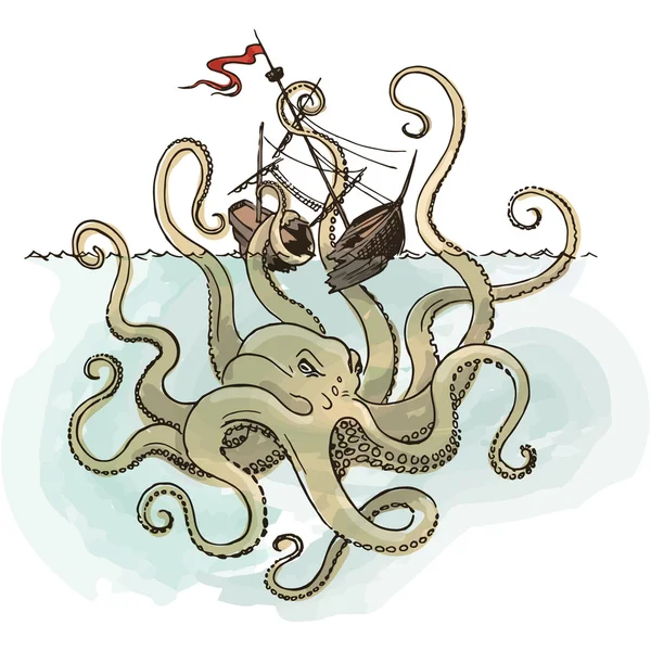Octopus Kraken ataca o barco — Vetor de Stock