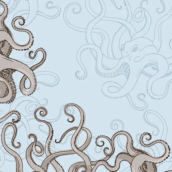 Tarjeta Octopus Kraken o frontera con antenas — Vector de stock