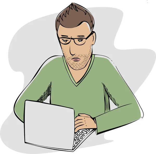 Illustratie van een trieste man met laptop — Stockvector
