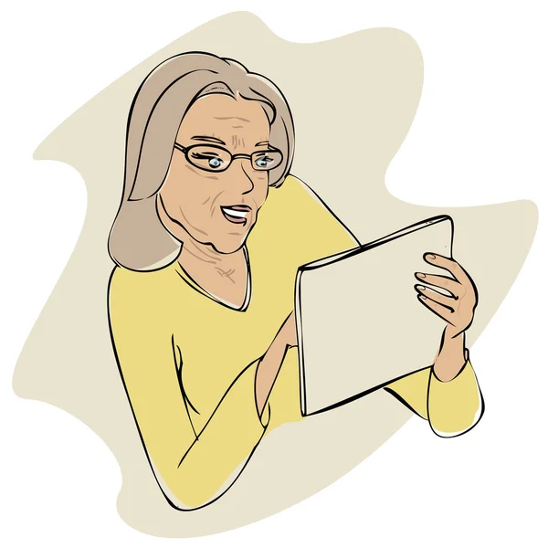 Illustration d'une femme âgée avec tablette électronique — Image vectorielle