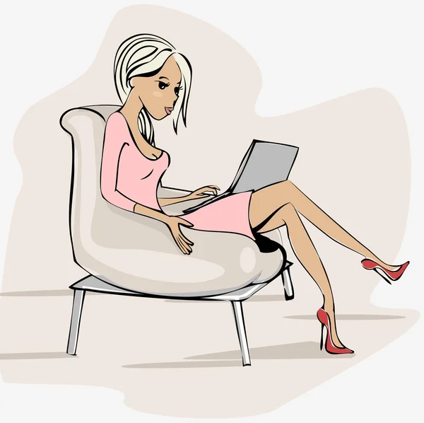 Illustrazione di una ragazza su una sedia con un computer portatile — Vettoriale Stock
