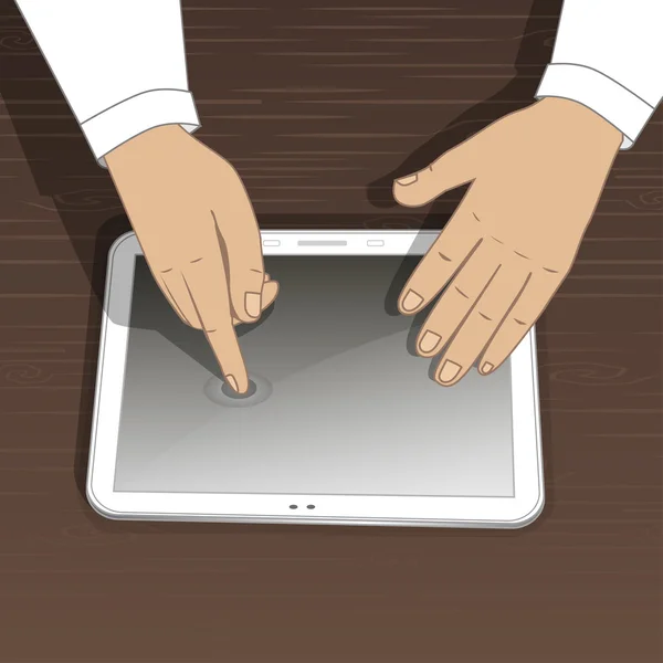 Vektor. Mužské ruce. Muž tlačí na dotykové obrazovce. Touchpad — Stockový vektor