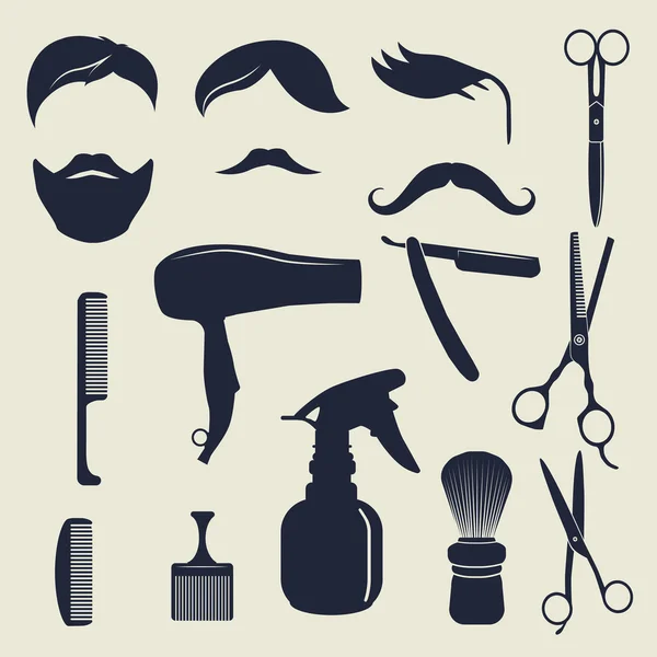 Vektor illustration silhuetter av artiklar för rakning, skärning och styling hår. Silhuetter skägg och mustasch. — Stock vektor