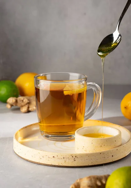 Hot Herbal Tea Ginger Lemon Honey Vitamins Dark Grey Background — Stock Photo, Image