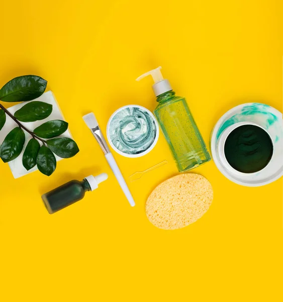 Zelená Spirulina DIY obličejová čistící maska a ingredience. Lázně, kosmetika a péče o tělo. — Stock fotografie
