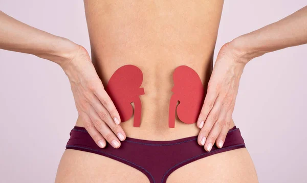 World kidney day. Loin spasm. Young woman body. Spine and kidney inflammation, pain and therapy. Woman in lingerie massaging pain back