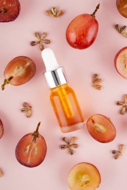 Evde cilt bakımı için cam şişenin içine üzüm tohumu yağı konsepti koy. Pembe arka planda taze üzüm ve çekirdekli yaratıcı modern düz kompozisyon. Doğanın kanunu. Kapat.