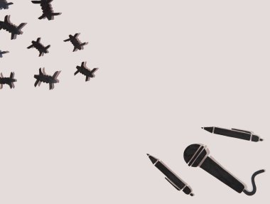 World press freedom day concept. 3 may. A microphone and a pen made of paper, as a symbol of freedom of speech, resist barbed wire and prohibitions. Beige background. Copy space. Banner
