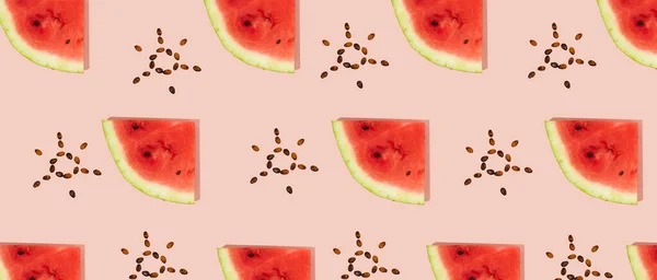 Pattern of sliced fresh watermelon, sun shaped seeds on pink background. Summer fruit, berry. Trendy, Minimal shadows. Watermelon day concept -3 august. — Stock Photo, Image