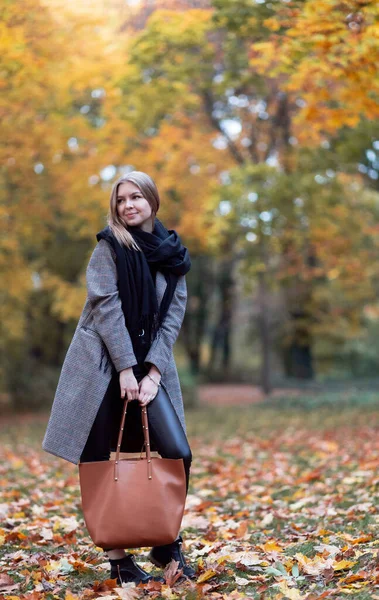 Menina elegante andando no parque de outono. — Fotografia de Stock