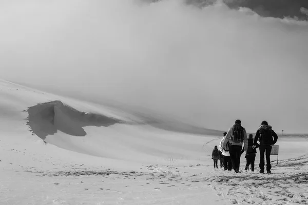 Travelers in the misty mountains — Stock Photo, Image