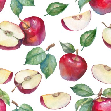 Beyaz arka planda suluboya elmalı kusursuz desen. Özgün doku