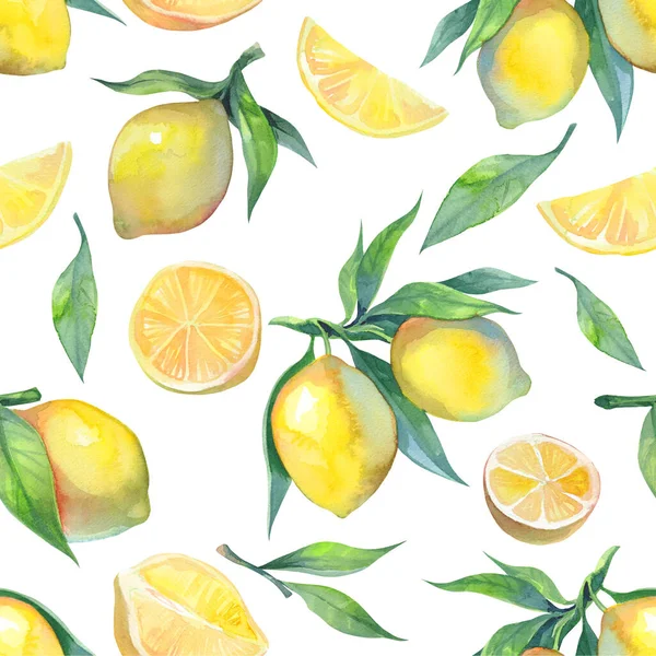 Beyaz arka planda suluboya limonları olan kusursuz bir desen. Taze doku