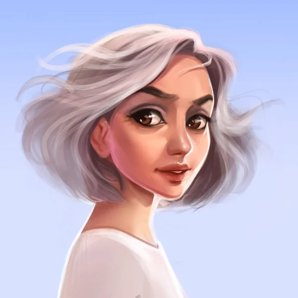 Dijital illüstrasyondaki sevimli kız yüzü. Güzel, genç ve çekici bir kız modeliyle orijinal grafik portresi. Dijital çizim.