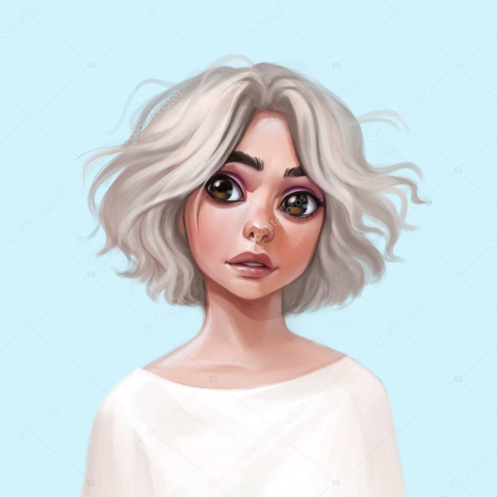 Beautiful woman portrait in digital illustration. Stylish original graphics portrait with beautiful young attractive girl model. Digital sketch avatar.