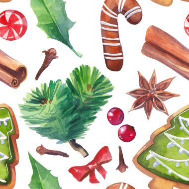 Suluboya Noel 'in kusursuz dokusu. Zencefilli çörek, tarçın, çan ve şeker